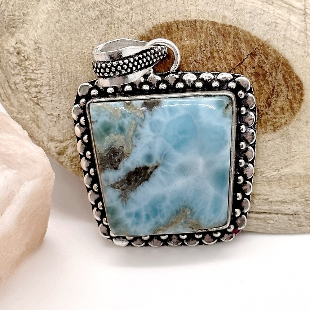 Large Larimar Natural Gemstone 925 Silver Pendant Necklace